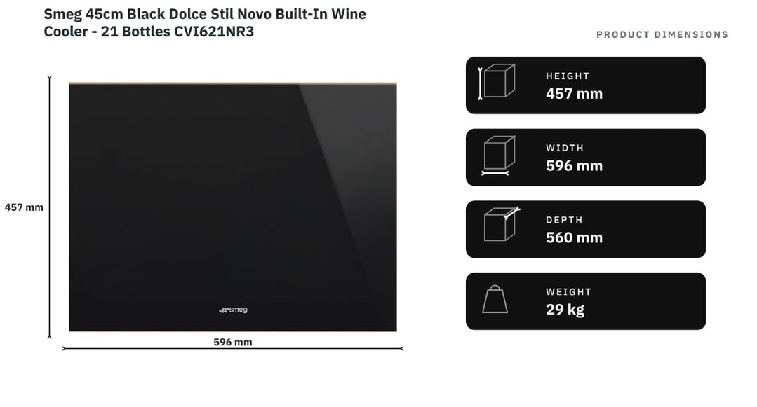 Smeg 45cm Black Dolce Stil Novo Built-In Wine Cooler - 21 Bottles CVI621NR3 — product dimensions