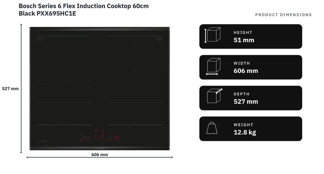 Bosch Series 6 Flex Induction Cooktop 60cm Black PXX695HC1E — product dimensions