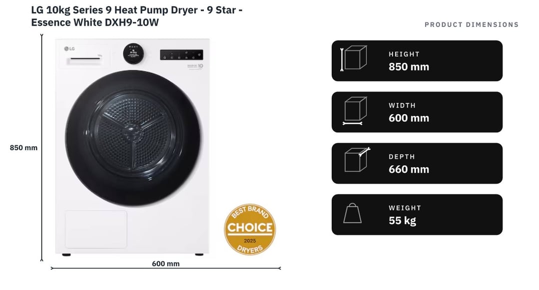 LG 10kg Series 9 Heat Pump Dryer - 9 Star - Essence White DXH9-10W — product dimensions