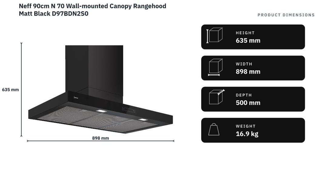 Neff 90cm N 70 Wall-mounted Canopy Rangehood Matt Black D97BDN2S0 — product dimensions