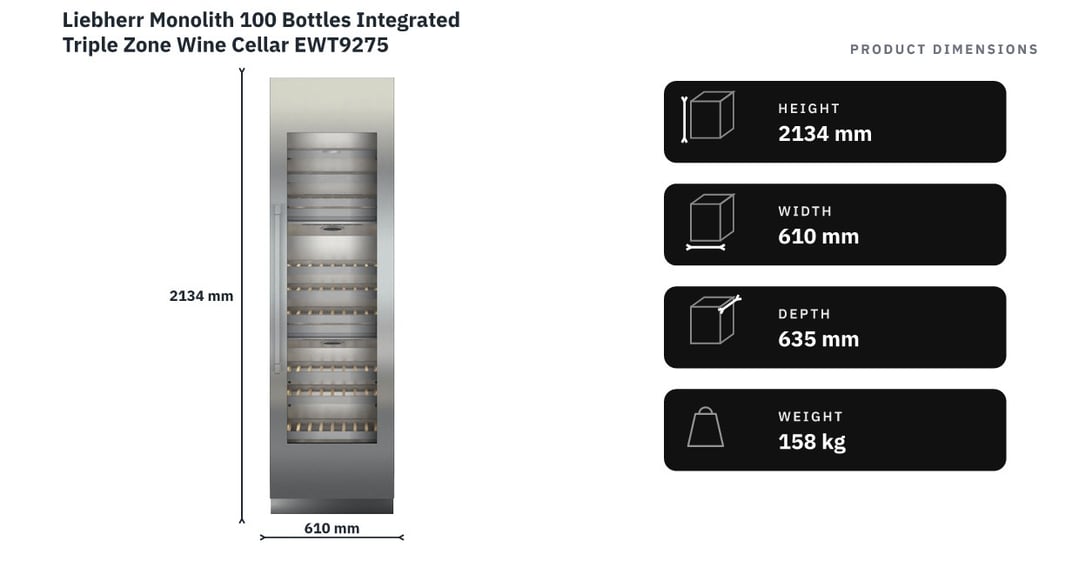Liebherr Monolith 100 Bottles Integrated Triple Zone Wine Cellar EWT9275 — product dimensions