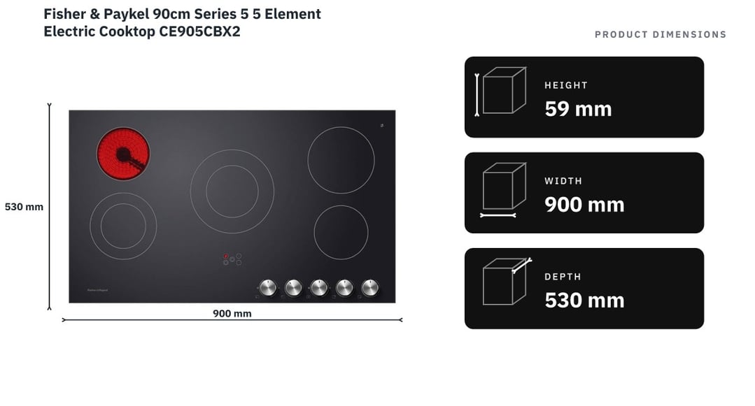 Fisher & Paykel 90cm Series 5 5 Element Electric Cooktop CE905CBX2 — product dimensions