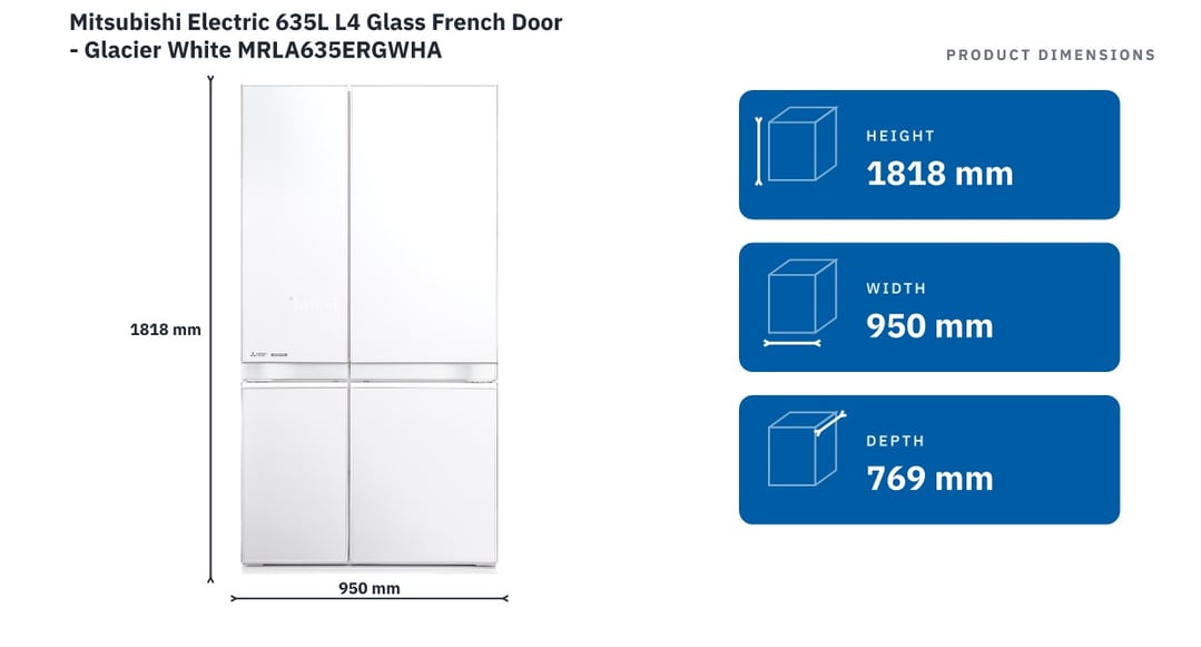 Mitsubishi Electric 635L L4 Glass French Door - Glacier White MRLA635ERGWHA