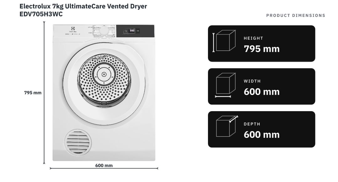Electrolux 7kg UltimateCare Vented Dryer EDV705H3WC — product dimensions