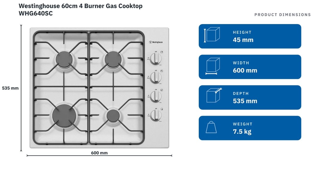 Westinghouse 60cm 4 Burner Gas Cooktop WHG640SC