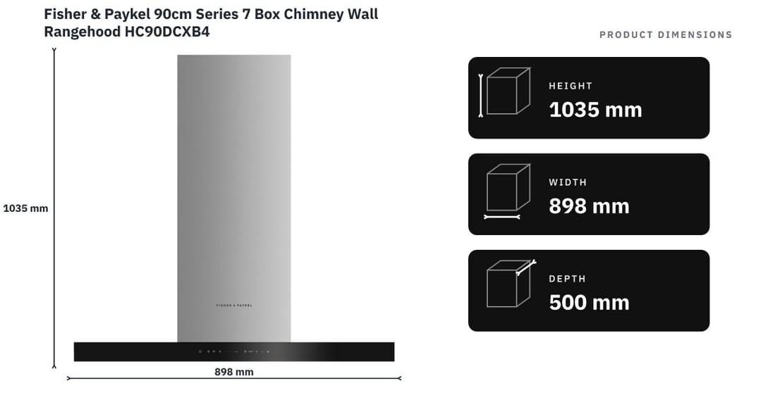 Fisher & Paykel 90cm Series 7 Box Chimney Wall Rangehood HC90DCXB4 — product dimensions