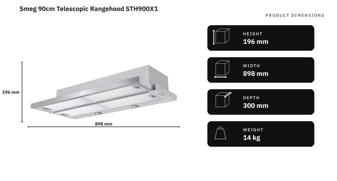 Smeg 90cm Telescopic Rangehood STH900X1 — product dimensions