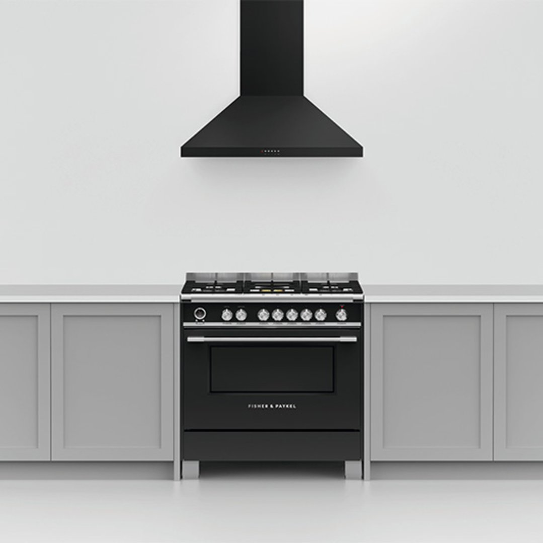 Black freestanding oven with rangehood in a kitchen setting