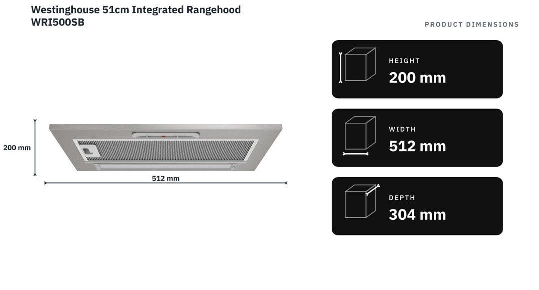 Westinghouse 51cm Integrated Rangehood WRI500SB — product dimensions