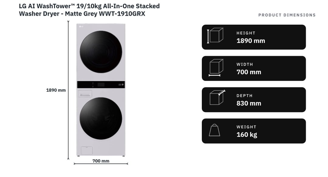 LG AI WashTower™ 19/10kg All-In-One Stacked Washer Dryer - Matte Grey WWT-1910GRX — product dimensions