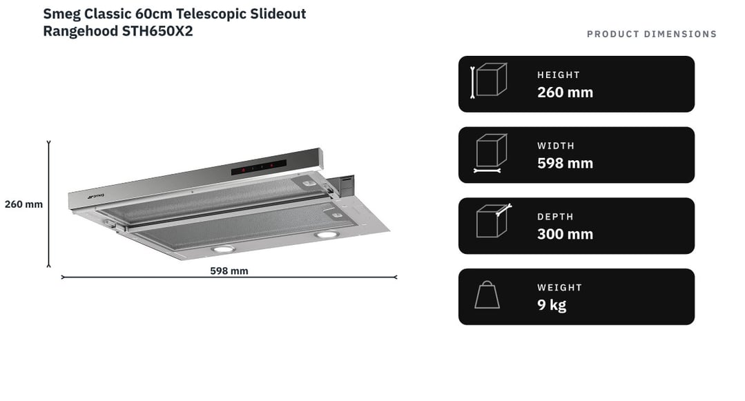 Smeg Classic 60cm Telescopic Slideout Rangehood STH650X2 — product dimensions