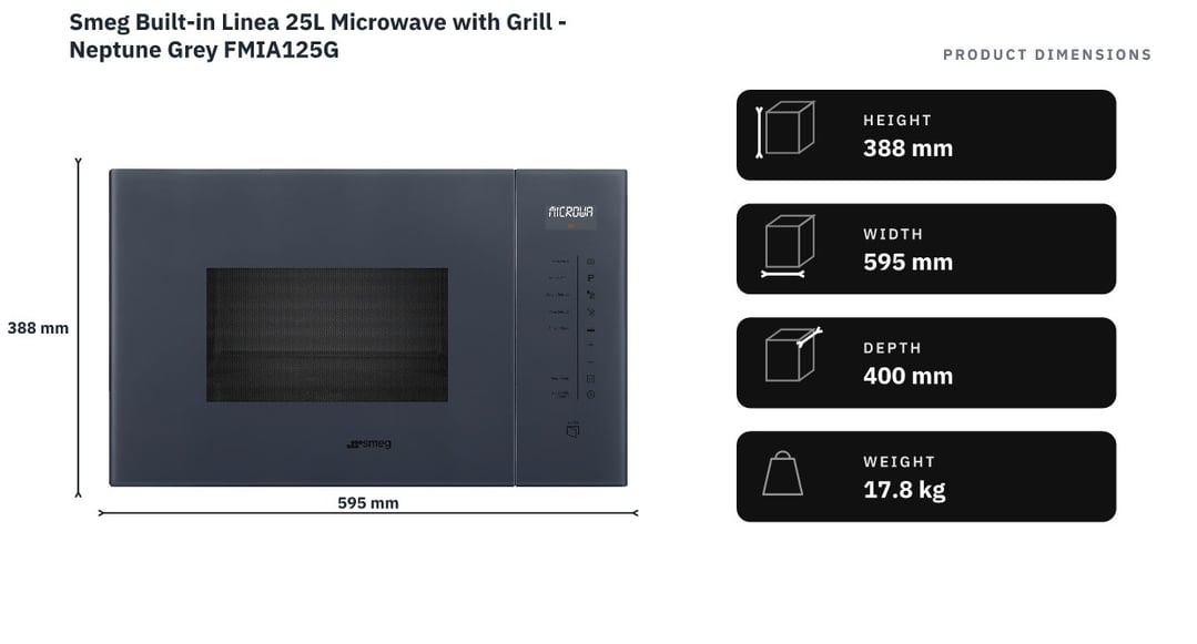 Smeg Built-in Linea 25L Microwave with Grill - Neptune Grey FMIA125G — product dimensions