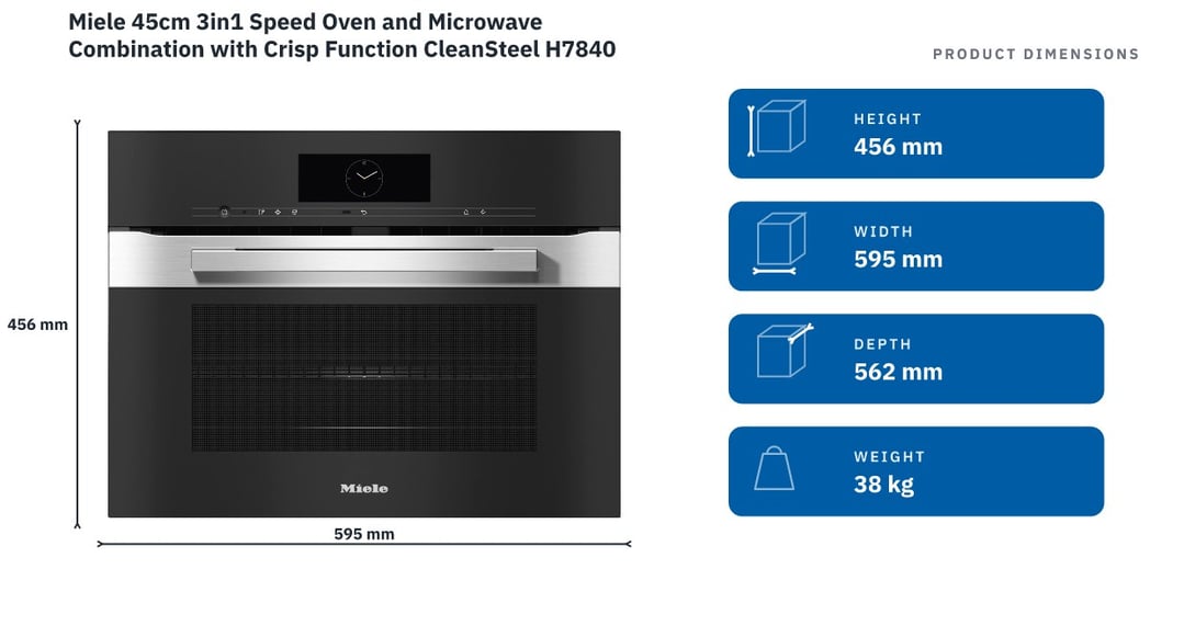 Miele 45cm 3in1 Speed Oven and Microwave Combination with Crisp Function CleanSteel H7840BM — product dimensions