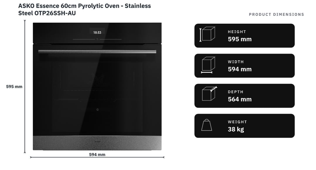 ASKO Essence 60cm Pyrolytic Oven - Stainless Steel OTP26SSH-AU — product dimensions
