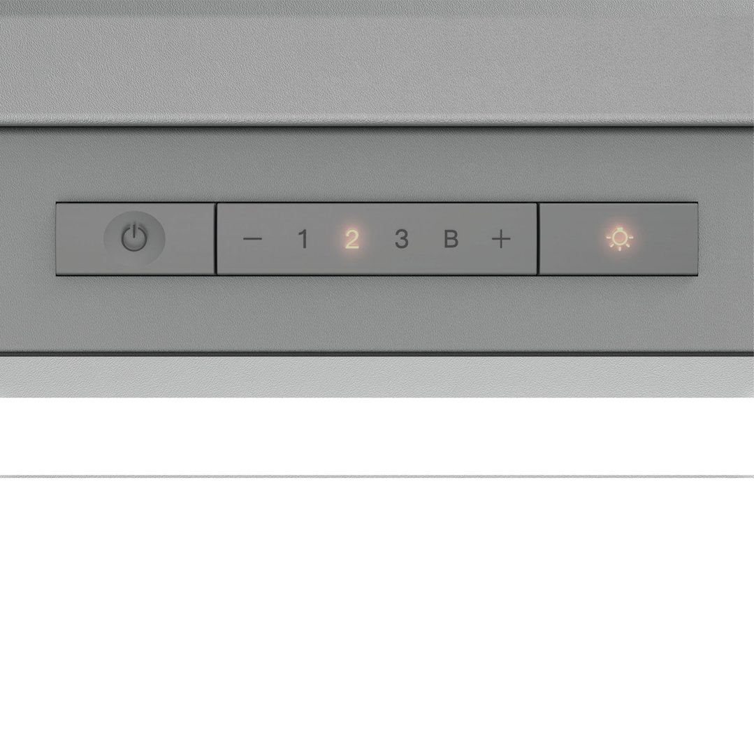 Close-up of a rangehood control panel with illuminated number 2 and light icon