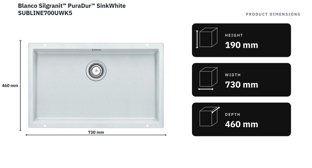Blanco Silgranit™ PuraDur™ SinkWhite SUBLINE700UWK5 — product dimensions