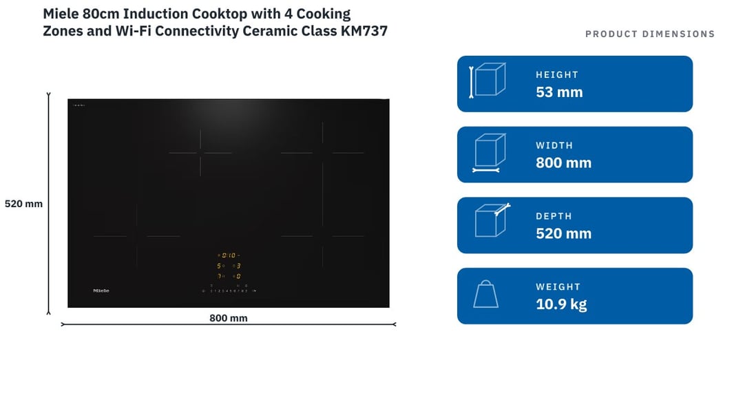 Miele 80cm Induction Cooktop with 4 Cooking Zones and Wi-Fi Connectivity Ceramic Class KM7373FL — product dimensions