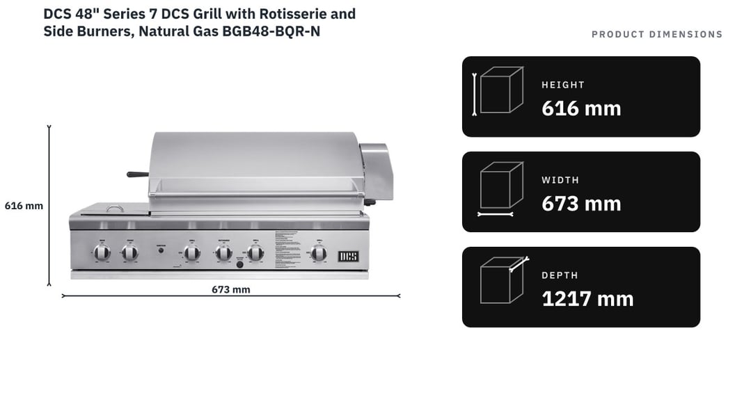 DCS 48" Series 7 DCS Grill with Rotisserie and Side Burners, Natural Gas BGB48-BQR-N — product dimensions
