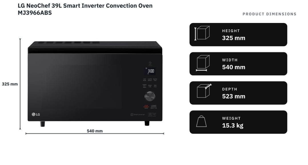 LG NeoChef 39L Smart Inverter Convection Oven MJ3966ABS — product dimensions