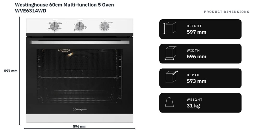 Westinghouse 60cm Multi-function 5 Oven WVE6314WD — product dimensions
