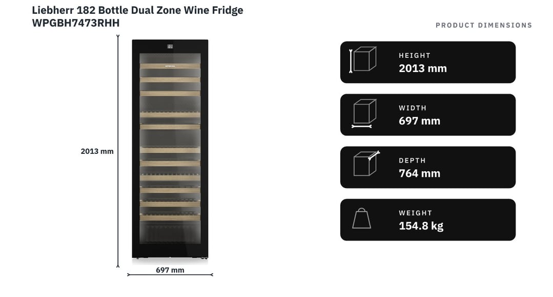 Liebherr 182 Bottle Dual Zone Wine Fridge WPGBH7473RHH — product dimensions