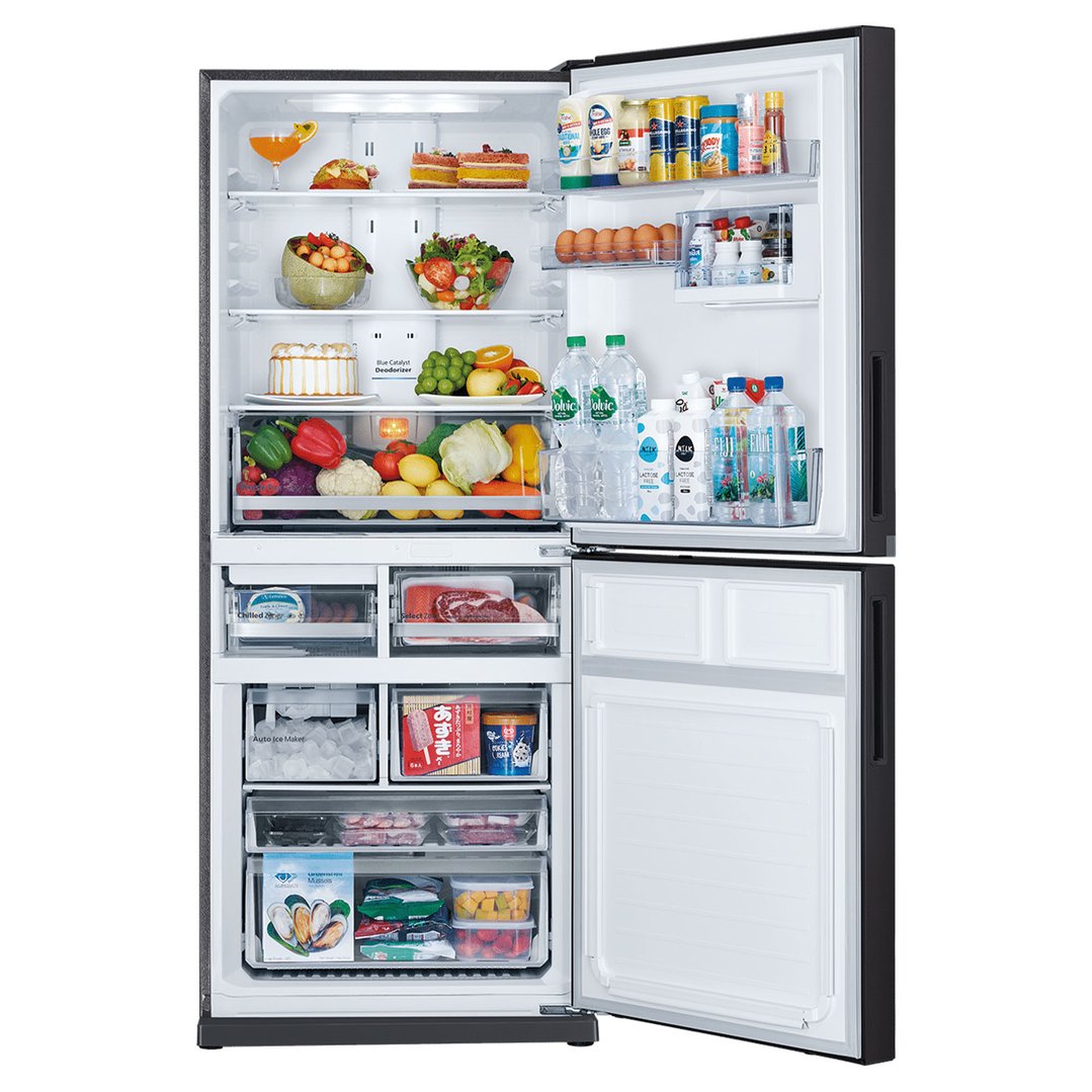Open Mitsubishi Electric bottom mount fridge filled with food and drinks