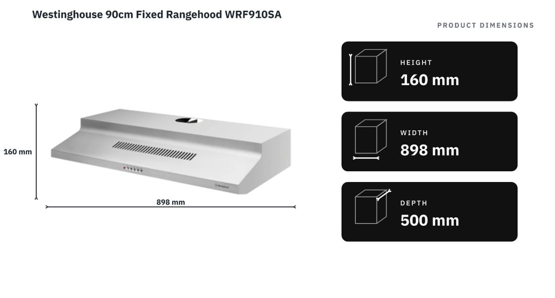 Westinghouse 90cm Fixed Rangehood WRF910SA — product dimensions