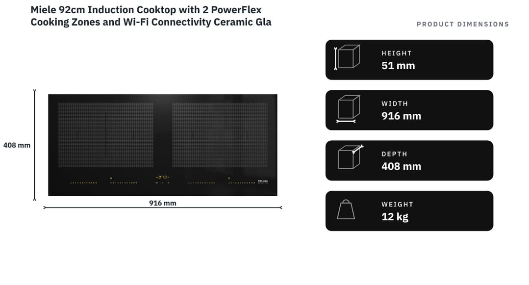 Miele 92cm Induction Cooktop with 2 PowerFlex Cooking Zones and Wi-Fi Connectivity Ceramic Glass KM7684FL — product dimensions