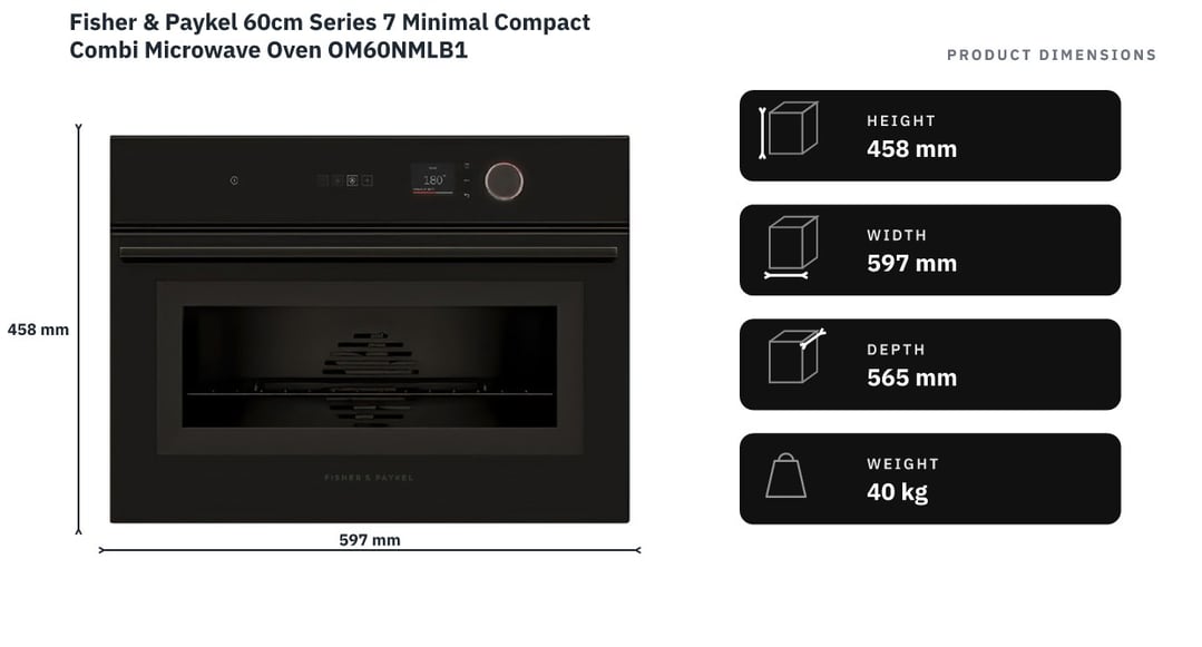 Fisher & Paykel 60cm Series 7 Minimal Compact Combi Microwave Oven OM60NMLB1 — product dimensions