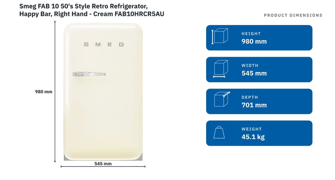 Smeg FAB 10 50's Style Retro Refrigerator, Happy Bar, Right Hand - Cream FAB10HRCR5AU