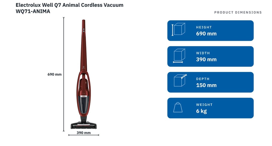 Electrolux Well Q7 Animal Cordless Vacuum WQ71-ANIMA — product dimensions