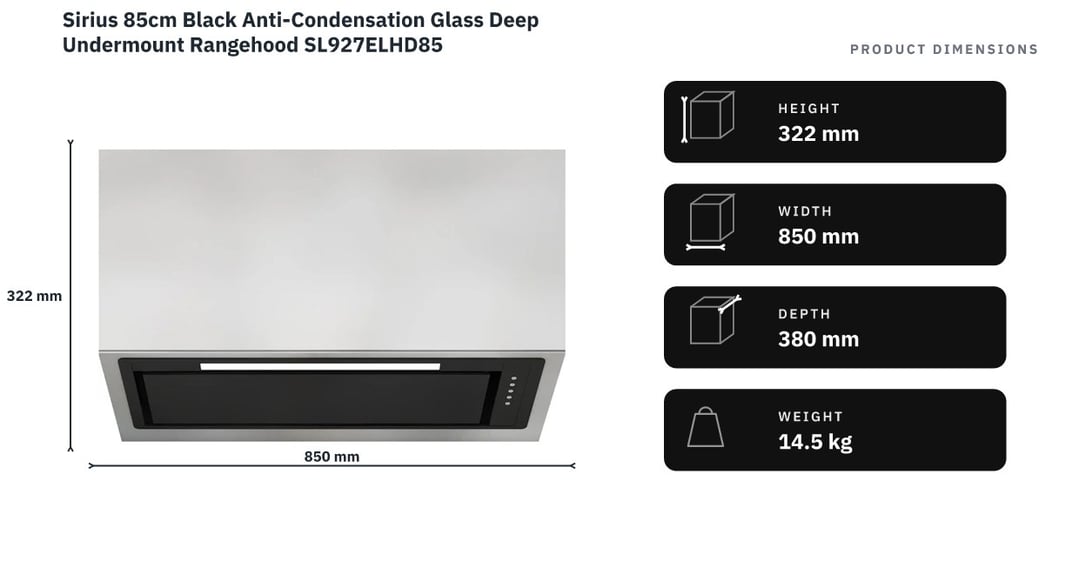 Sirius 85cm Black Anti-Condensation Glass Deep Undermount Rangehood SL927ELHD85 — product dimensions