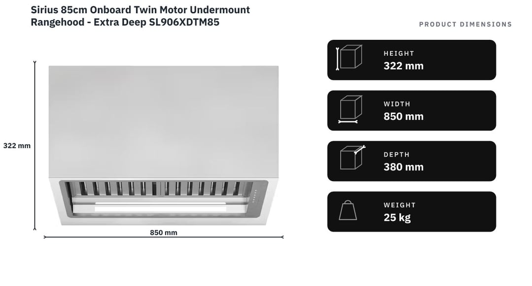 Sirius 85cm Onboard Twin Motor Undermount Rangehood - Extra Deep SL906XDTM85 — product dimensions