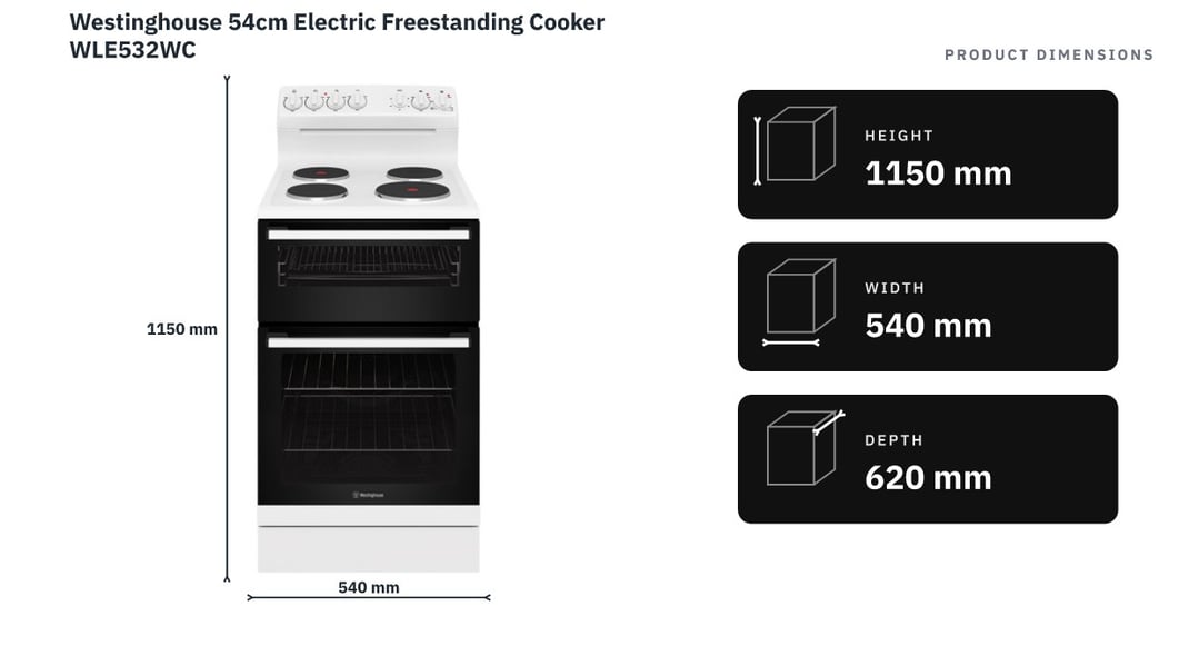 Westinghouse 54cm Electric Freestanding Cooker WLE532WC — product dimensions
