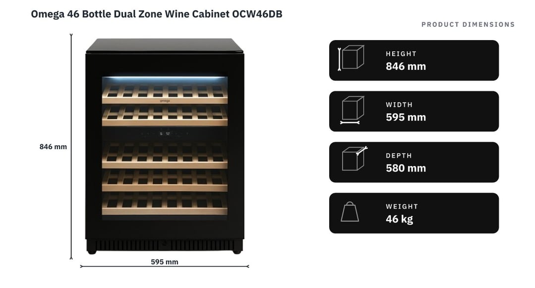 Omega 46 Bottle Dual Zone Wine Cabinet OCW46DB — product dimensions