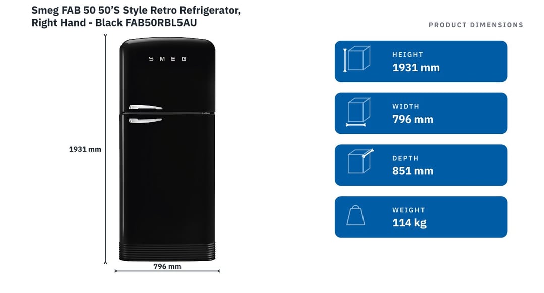 Smeg FAB 50 50’S Style Retro Refrigerator, Right Hand - Black FAB50RBL5AU