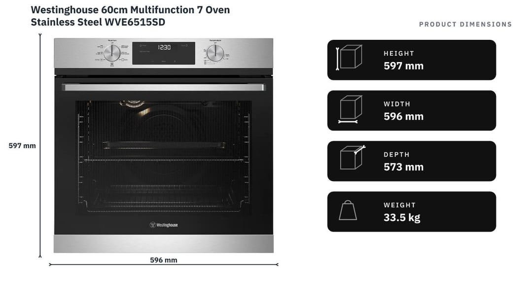 Westinghouse 60cm Multifunction 7 Oven Stainless Steel WVE6515SD — product dimensions