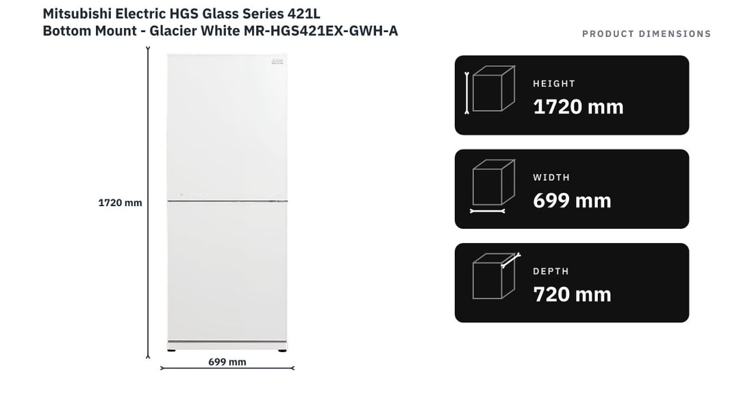Mitsubishi Electric HGS Glass Series 421L Bottom Mount - Glacier White MR-HGS421EX-GWH-A — product dimensions