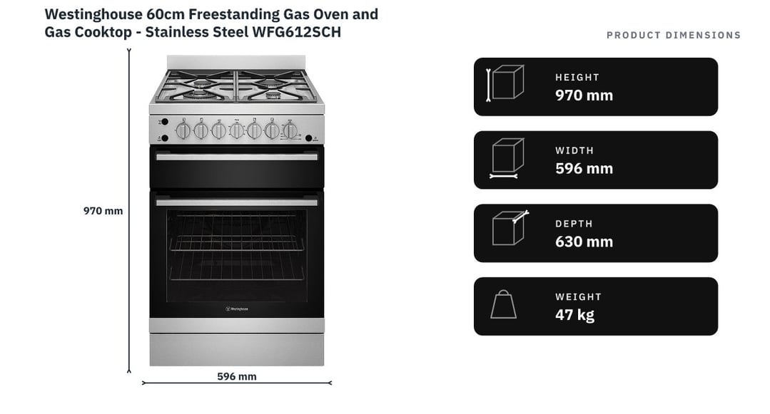 Westinghouse 60cm Freestanding Gas Oven and Gas Cooktop - Stainless Steel WFG612SCH — product dimensions
