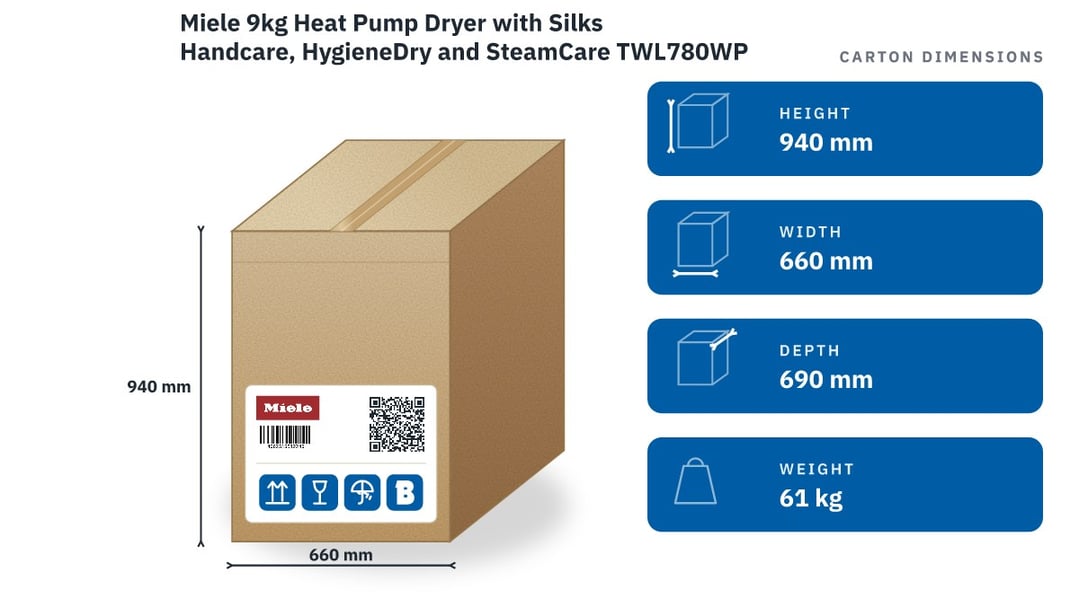 Miele 9kg Heat Pump Dryer with Silks Handcare, HygieneDry and SteamCare TWL780WP