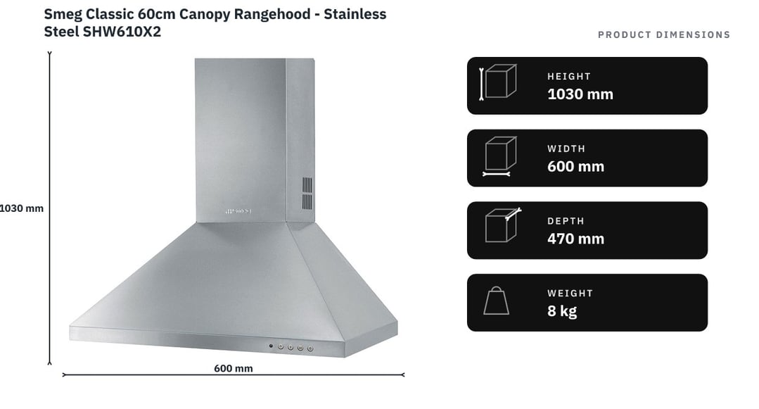 Smeg Classic 60cm Canopy Rangehood - Stainless Steel SHW610X2 — product dimensions