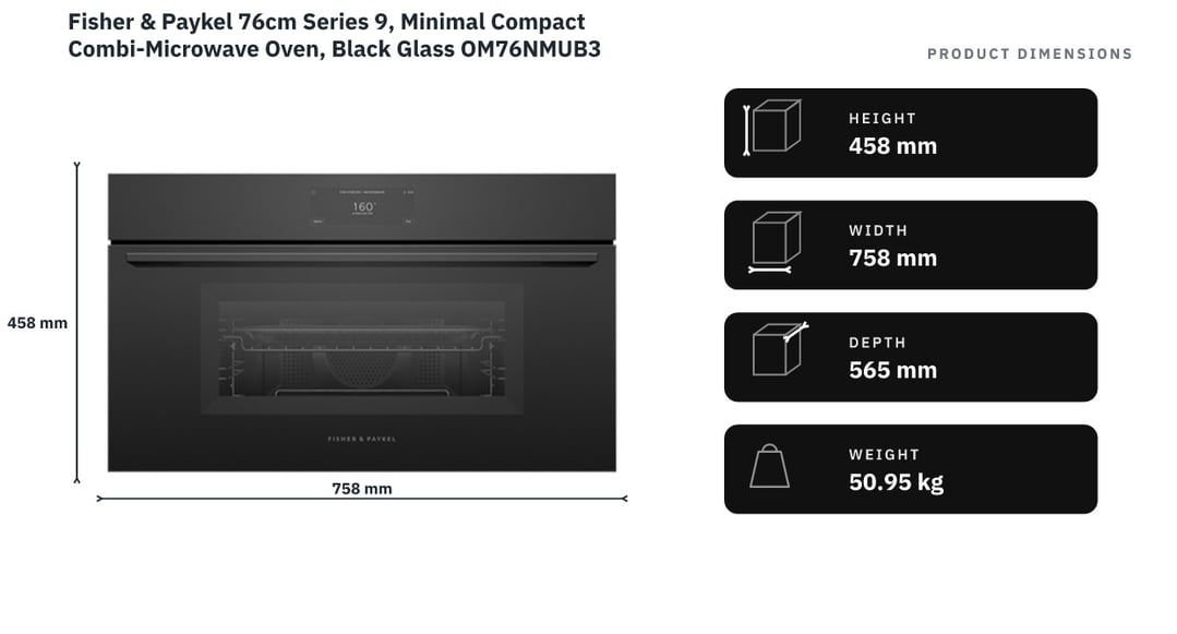 Fisher & Paykel 76cm Series 9, Minimal Compact Combi-Microwave Oven, Black Glass OM76NMUB3 — product dimensions