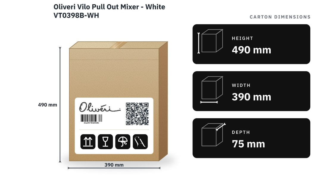 Oliveri Vilo Pull Out Mixer - White VT0398B-WH — packaged dimensions