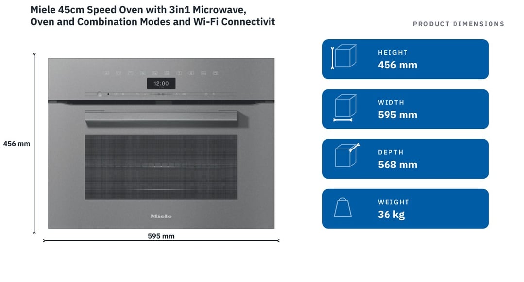 Miele 45cm Speed Oven with 3in1 Microwave, Oven and Combination Modes and Wi-Fi Connectivity Graphite Grey H7440BMGRGR — product dimensions