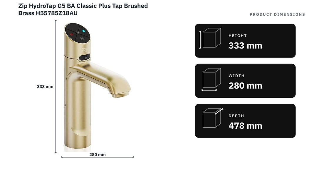 Zip HydroTap G5 BA Classic Plus Tap Brushed Brass H55785Z18AU — product dimensions