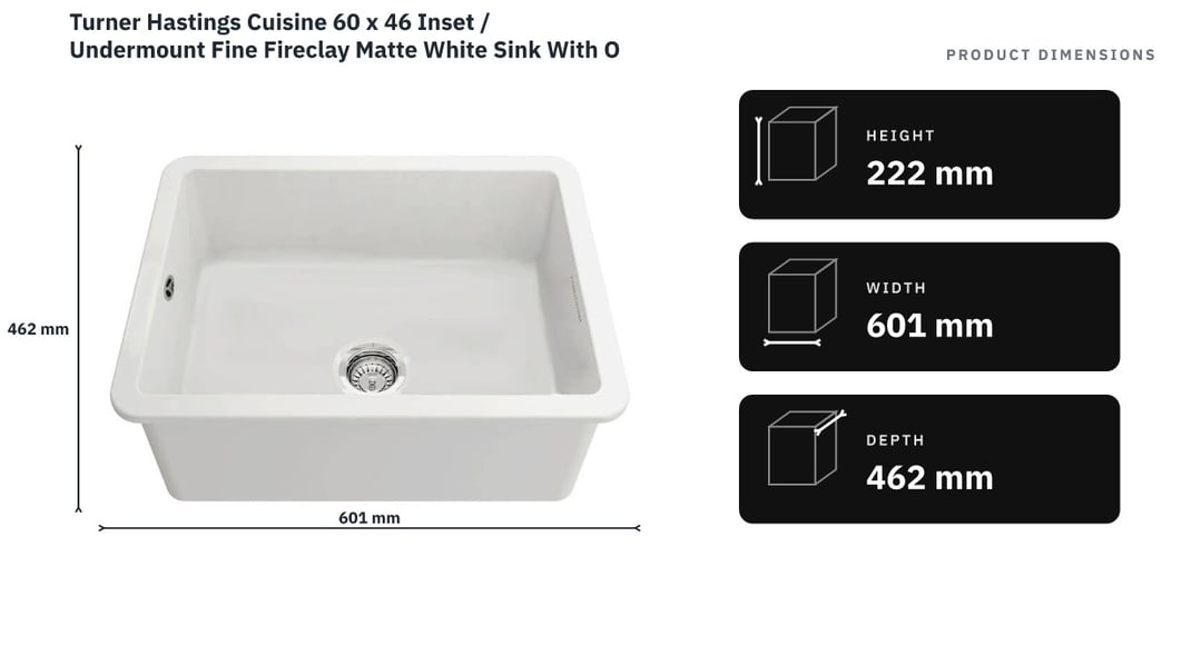 Turner Hastings Cuisine 60 x 46 Inset / Undermount Fine Fireclay Matte White Sink With Overflow CU603FS-MW-OF — product dimensions